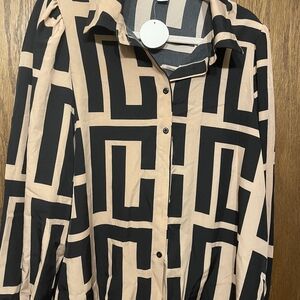 Geometric Black and Beige Button-Up Shirt